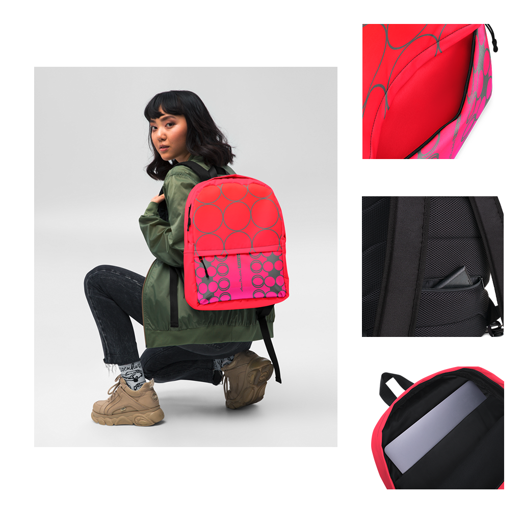 Rucksack mit Vordertasche und Tasche im Rückenteil Innen Computerfach in pinkrot und hellgrauen Kreisen